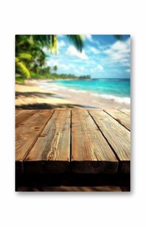 Wooden Tabletop Overlooking Tropical Beach, beach vacation, summer getaway, tropical paradise