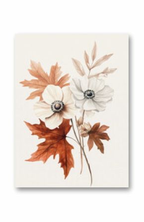 A delicate boho-inspired composition of anemones paired with dry leaves, painted in watercolor with warm autumn hues. The flowers and foliage are arranged beautifully, making this artwork perfect for