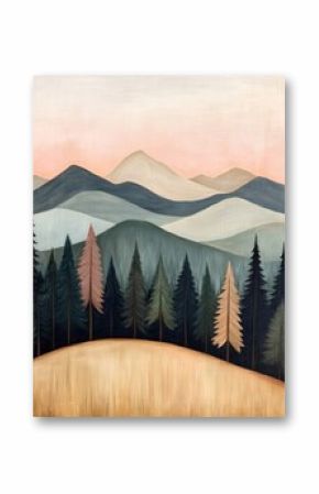 A watercolor painting of a mountain range with a forest in the foreground. The sky is a soft pink and orange.