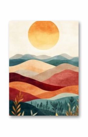 Abstract watercolor landscape with mountains and sun in warm colors.