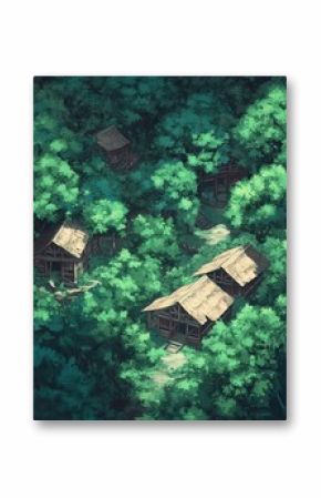 Aerial view of a small village nestled in a lush forest.