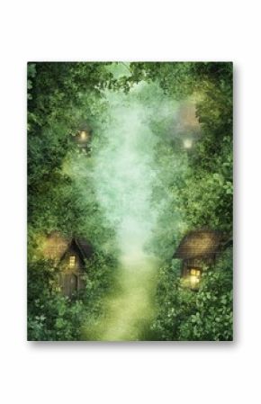 Enchanted forest path with charming cottages and glowing lights.