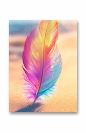 Vibrant Feather in the Breeze, a colorful feather dances through the air above a sandy beach, capturing the essence of tranquility and freedom