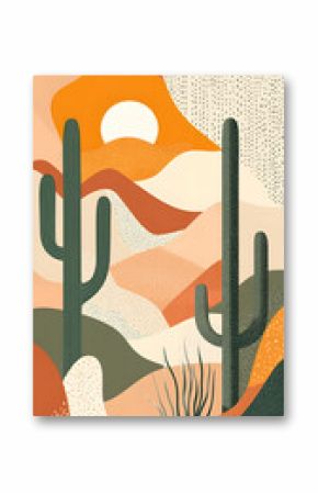 Abstract desert landscape with cacti and sun setting behind hills.