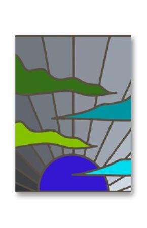 illustration of a sun, Abstract landscape poster. Nature wall decor contemporary art print, mid century mountain background.
