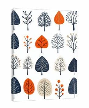 Folk art inspired by Scandinavian forest leaves in teal and orange on white background