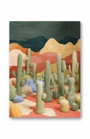 Colorful desert landscape featuring vibrant, sculpted cacti under a moody sky.