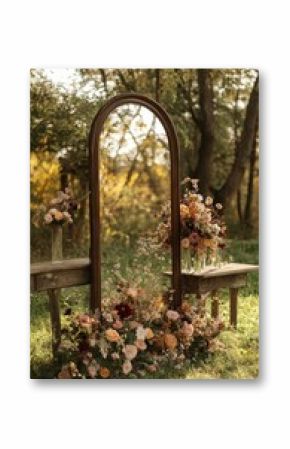 Large Vintage Bronze Mirror with Wooden Table Surrounded by Wildflowers and Trees