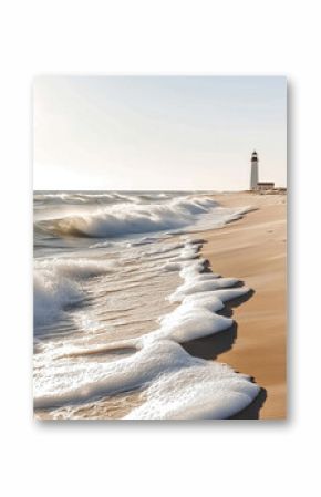 photo of calm ocean, natural warm colors. lighthouse, seashore, sand, beach