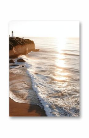 photo of calm ocean, natural warm colors. lighthouse, seashore, sand, beach
