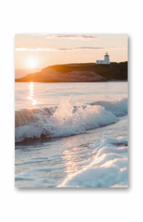 photo of calm ocean, natural warm colors. lighthouse, seashore, sand, beach