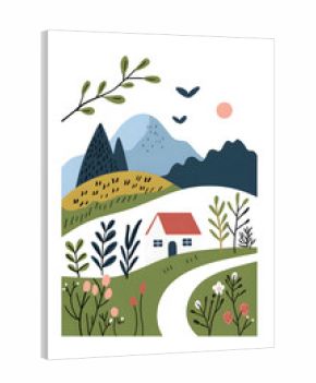 Abstract Scandinavian art print with plants and mountains inspired by nature isolated on white
