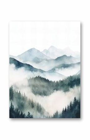 Rustic boho mountain scenery in watercolor with gentle pastels, soft mist, and minimal detailing. Organic textures and a dreamy, peaceful essence.
