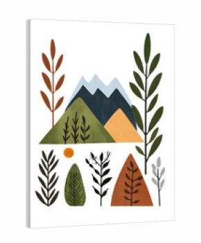Design an abstract Scandinavian art print with plants and mountains inspired by nature