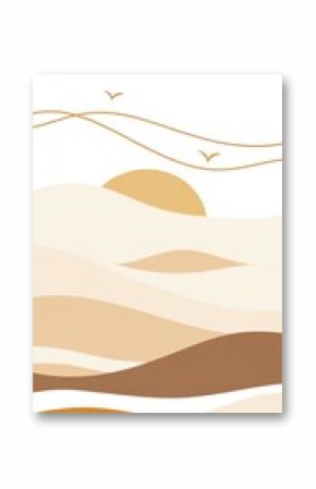 Minimalist Desert Landscape Illustration with Rising Sun and Birds Graphic Art