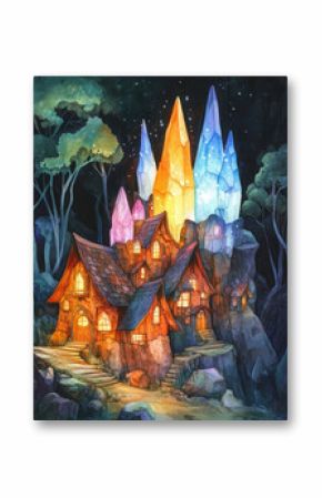 Whimsical illustration of house in boho style under starry night creates magic