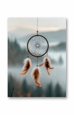A beautiful dream catcher dangles elegantly above a serene, misty forest landscape, illuminated by the soft glow of early morning light