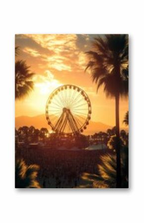 A vibrant scene at the Coachella music festival captures a towering Ferris wheel and swaying palm trees silhouetted against a breathtaking sunset