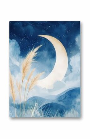 Serene Watercolor Painting of Moonlit Night Scene Featuring Pampas Grass, Stars, and Misty Mountains