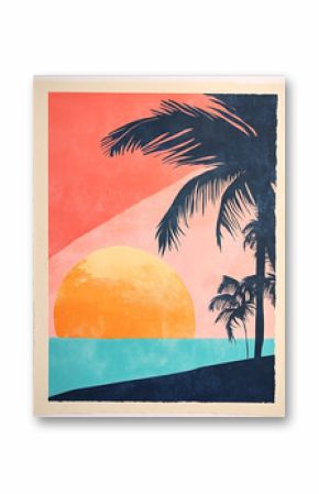 A Risograph artwork collage in minimal style with layered patchworks feature a tropical landscape reach of leaf