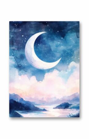 serene moonlit landscape with crescent moon shining over tranquil waters and soft clouds