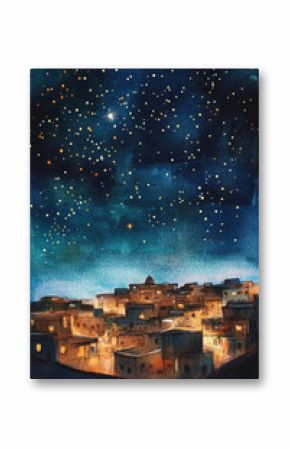 serene night scene depicting starry sky over quaint village, illuminated by warm lights