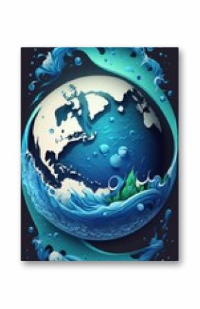Planet Earth with waves and drops in blue ocean, original concept. Water covers 50% of the planet. Life and water. Generative AI