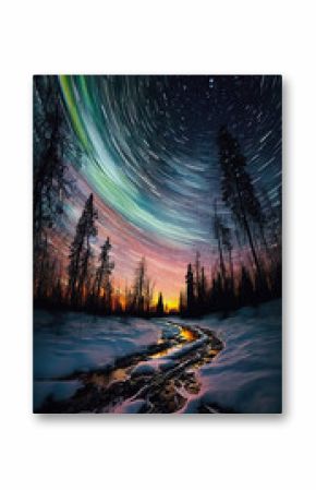 Amazing long exposure star trail night sky with coniferous forest silhouette, snow and path way. Vertical nature splash screen template. AI generative image.