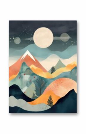 Vintage style Minimalist Boho night Landscape, with Mountains, Moon, Clouds, Trees, Road. Generative AI. Art Print Poster. Abstract Printable Poster