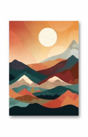 Vintage style Minimalist Boho Landscape, with Mountains, Moon, Clouds, Trees, Road. Generative AI. Art Print Poster. Abstract Printable Poster