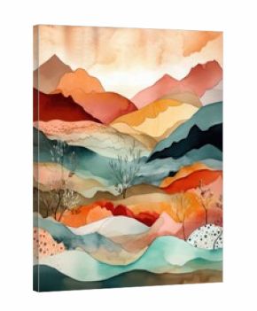 Watercolor, Minimalist Boho Landscape, with Mountains, Moon, clouds, trees, road. Generative AI. Art Print Poster. Abstract Printable Poster