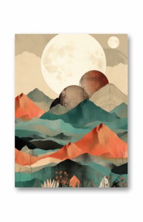 Boho mountains, moon landscape illustration. Ai generated