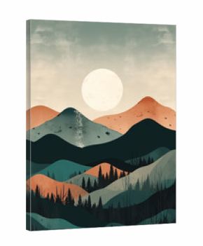 Boho mountains and sun landscape illustration. Ai generated