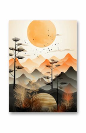Simple minimalistic graphics in boho style, landscape, mountains and trees. Poster, muted greens and browns and neutral colors.