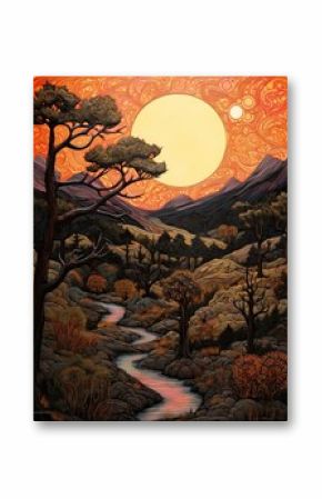 Bohemian Desert Sunsets: Vintage Forest Wall Art capturing the Beauty of Twilight Landscape