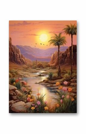 Bohemian Desert Sunsets: Riverside Painting, Nature Artwork, Vintage Art Print