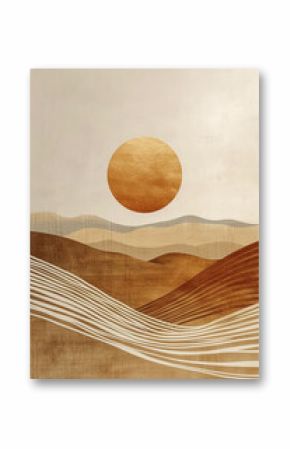 minimalistic painting with geometric lines, abstract modern boho landscape. wall art with grunge effect and strong brush strokes