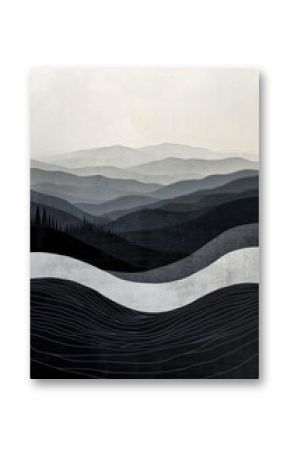minimalistic painting with geometric lines, abstract modern boho landscape. wall art with grunge effect and strong brush strokes