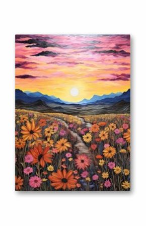 Boho Desert Sunset Paintings: Desert Wildflower Fields in Gorgeous Sunset Colors