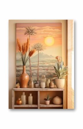 Boho Desert Sunset Paintings: Vintage Hues & Desert Wildflower Wall Art