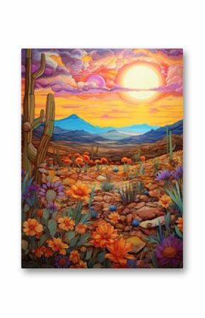 Boho Desert Sunset Paintings: Desert Blooms under Bohemian Sunsets Canvas