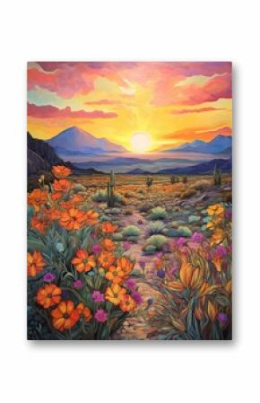 Boho Desert Sunset Paintings: Radiant Desert Wildflowers Wall Art