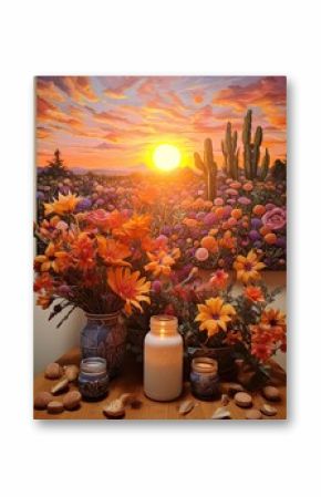 Boho Desert Sunset Paintings   Vintage Landscape of Sun-kissed Desert Blooms