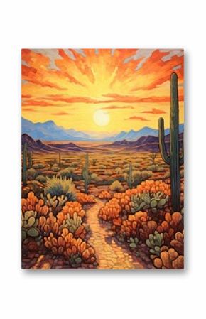 Boho Desert Sunset: Vintage Landscape Painting of Cactus Shadows in a Field