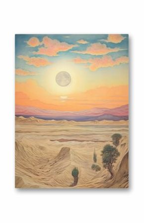 Vintage Boho Desert Sunset Art Print: Sandy Dunes Painting