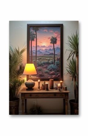Desert Dusk Boho Artwork: Twilight Oasis and Vintage Landscape