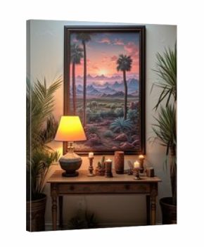Desert Dusk Boho Artwork: Twilight Oasis and Vintage Landscape
