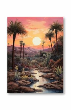 Desert Dusk: Vintage Boho Art Print Featuring a Serene Sunset Oasis
