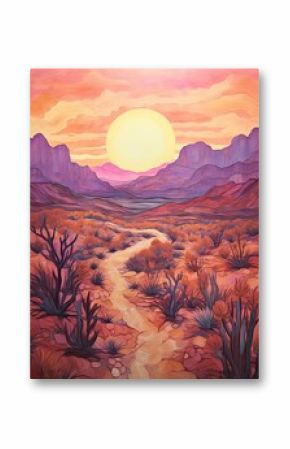 Twilight Desert Vibes: Bohemian Sunset Hues in a Mesmerizing desert landscape painting
