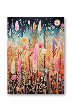 Boho Feather and Arrow Patterns Meadow Painting: Tribal Field Art in Serene Strokes